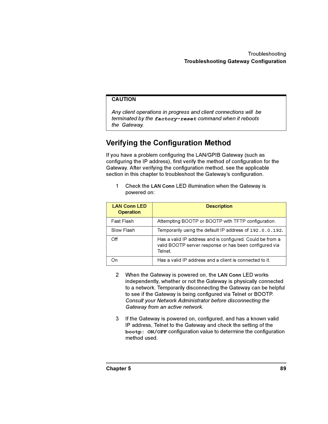 Agilent Technologies E2050-90003 manual Verifying the Configuration Method, LAN Conn LED Description Operation 