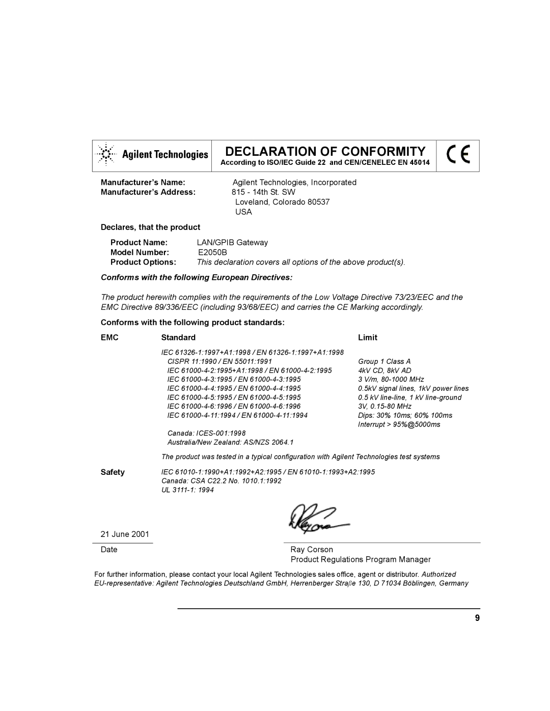 Agilent Technologies E2050-90003 manual Declaration of Conformity 