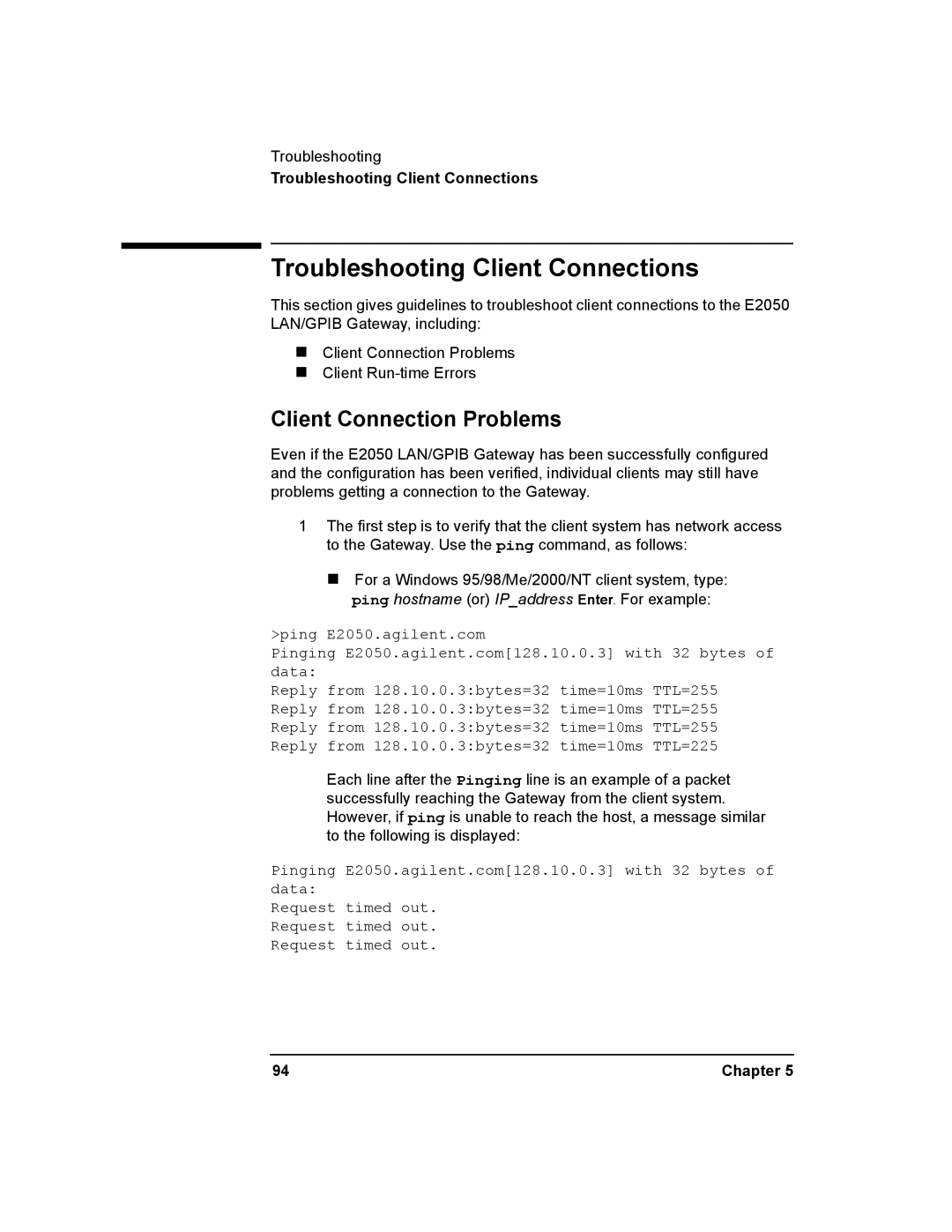 Agilent Technologies E2050-90003 manual Troubleshooting Client Connections, Client Connection Problems 