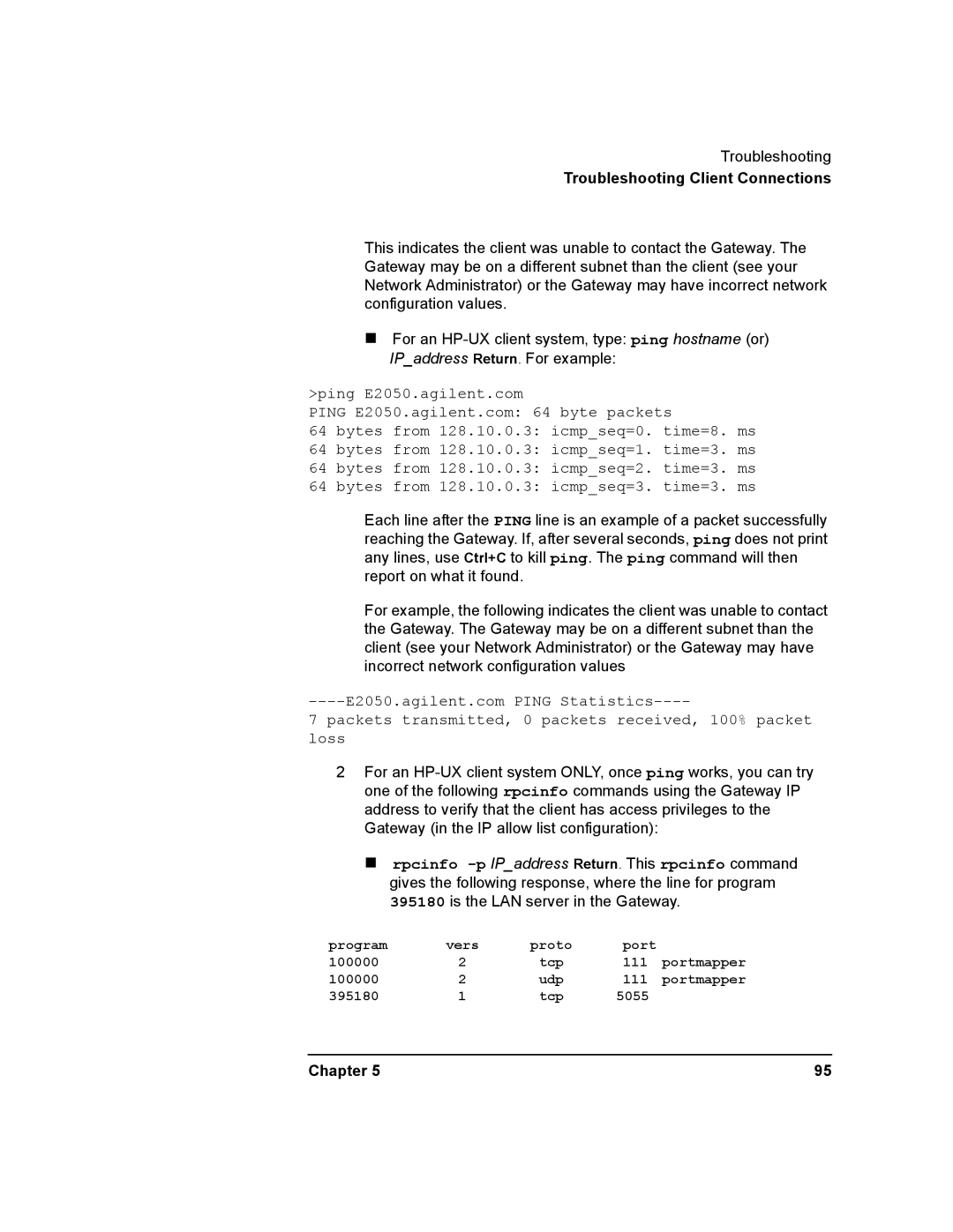 Agilent Technologies E2050-90003 manual Packets transmitted, 0 packets received, 100% packet loss 