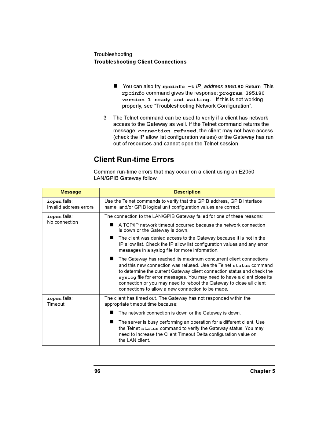 Agilent Technologies E2050-90003 manual Client Run-time Errors, LAN/GPIB Gateway follow 