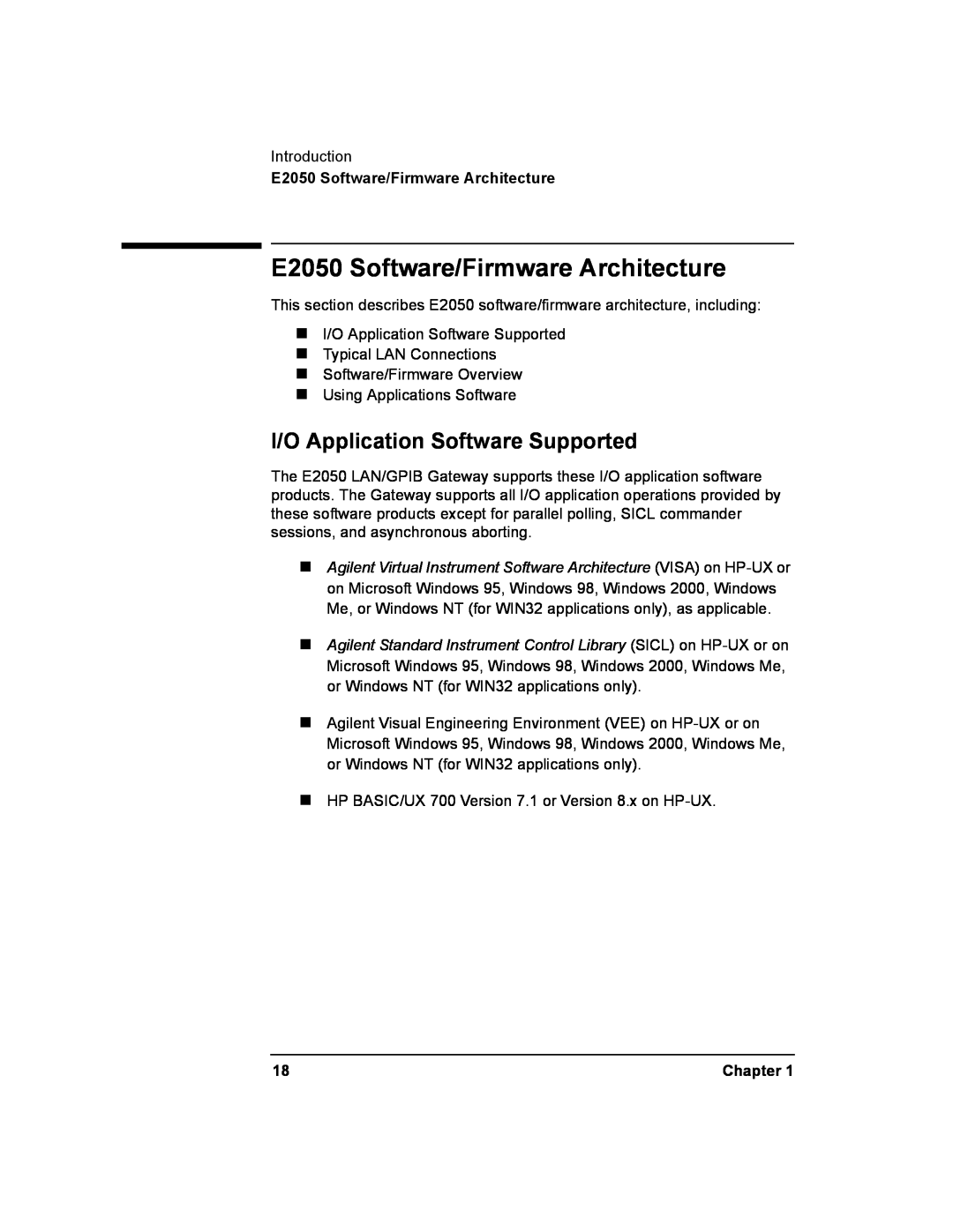 Agilent Technologies E2050-90003 manual E2050 Software/Firmware Architecture, I/O Application Software Supported, Chapter 