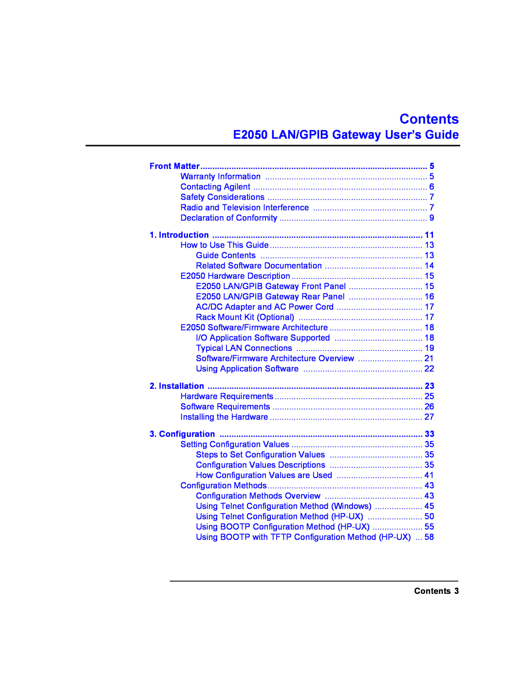 Agilent Technologies E2050-90003 manual E2050 LAN/GPIB Gateway User’s Guide, Contents 