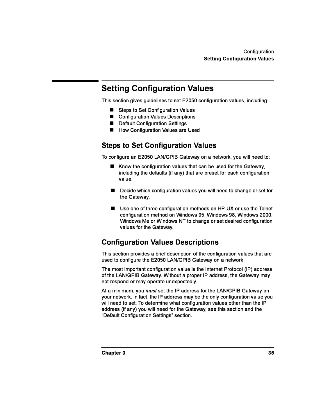 Agilent Technologies E2050-90003 manual Setting Configuration Values, Steps to Set Configuration Values, Chapter 