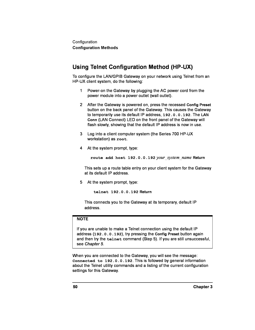 Agilent Technologies E2050-90003 manual Using Telnet Configuration Method HP-UX, Configuration Methods, Chapter 