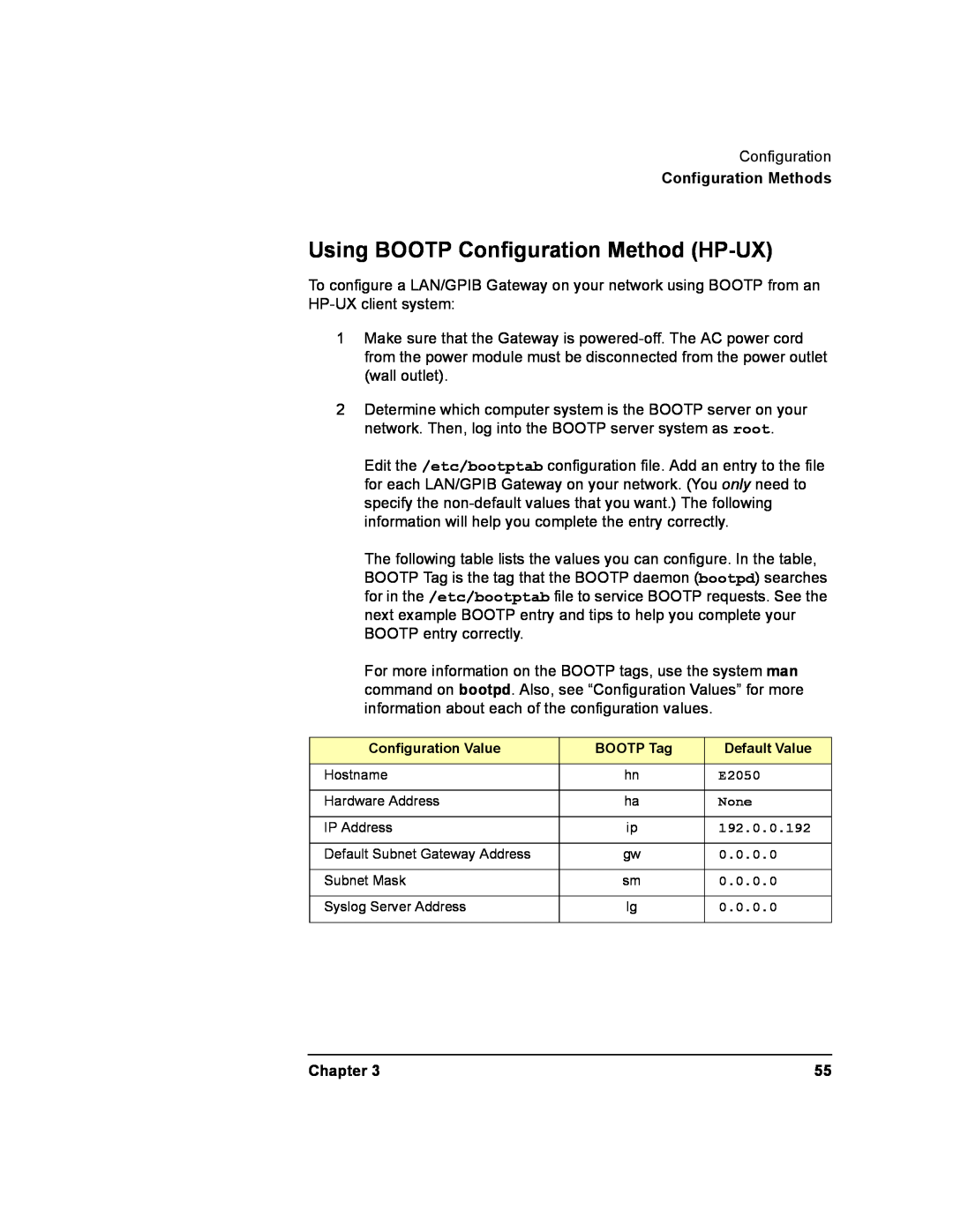 Agilent Technologies E2050-90003 manual Using BOOTP Configuration Method HP-UX, Configuration Methods, Chapter 