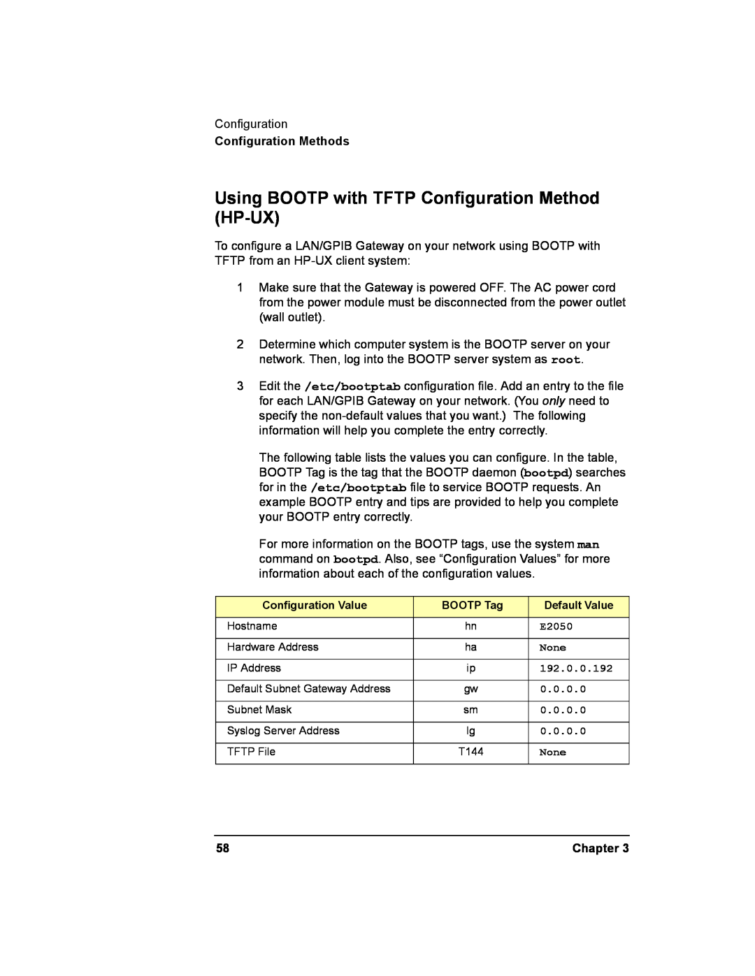 Agilent Technologies E2050-90003 manual Using BOOTP with TFTP Configuration Method HP-UX, Configuration Methods, Chapter 