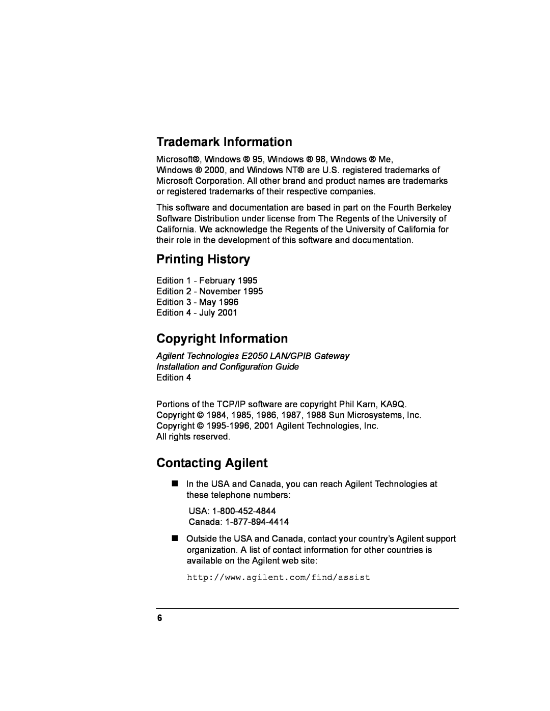 Agilent Technologies E2050-90003 manual Trademark Information, Printing History, Copyright Information, Contacting Agilent 