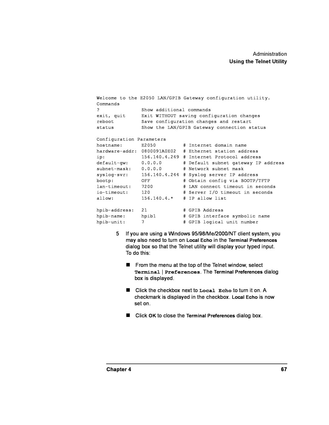 Agilent Technologies E2050-90003 manual Using the Telnet Utility, Chapter 