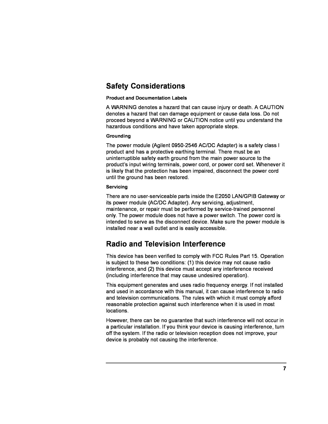 Agilent Technologies E2050-90003 manual Safety Considerations, Radio and Television Interference, Grounding, Servicing 