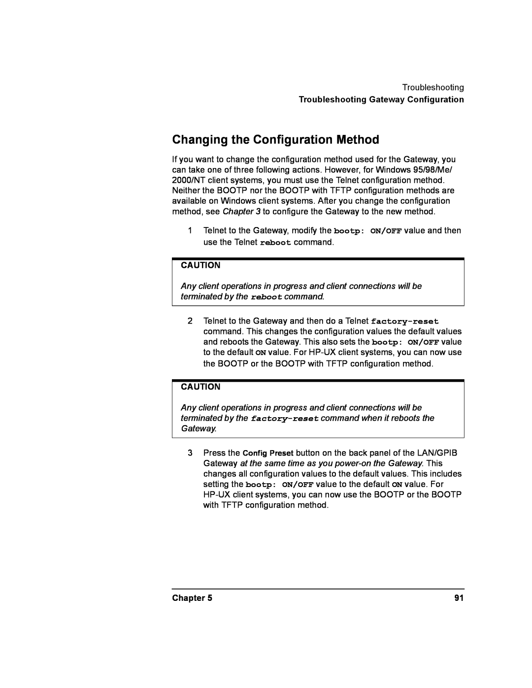 Agilent Technologies E2050-90003 manual Changing the Configuration Method, Troubleshooting Gateway Configuration, Chapter 