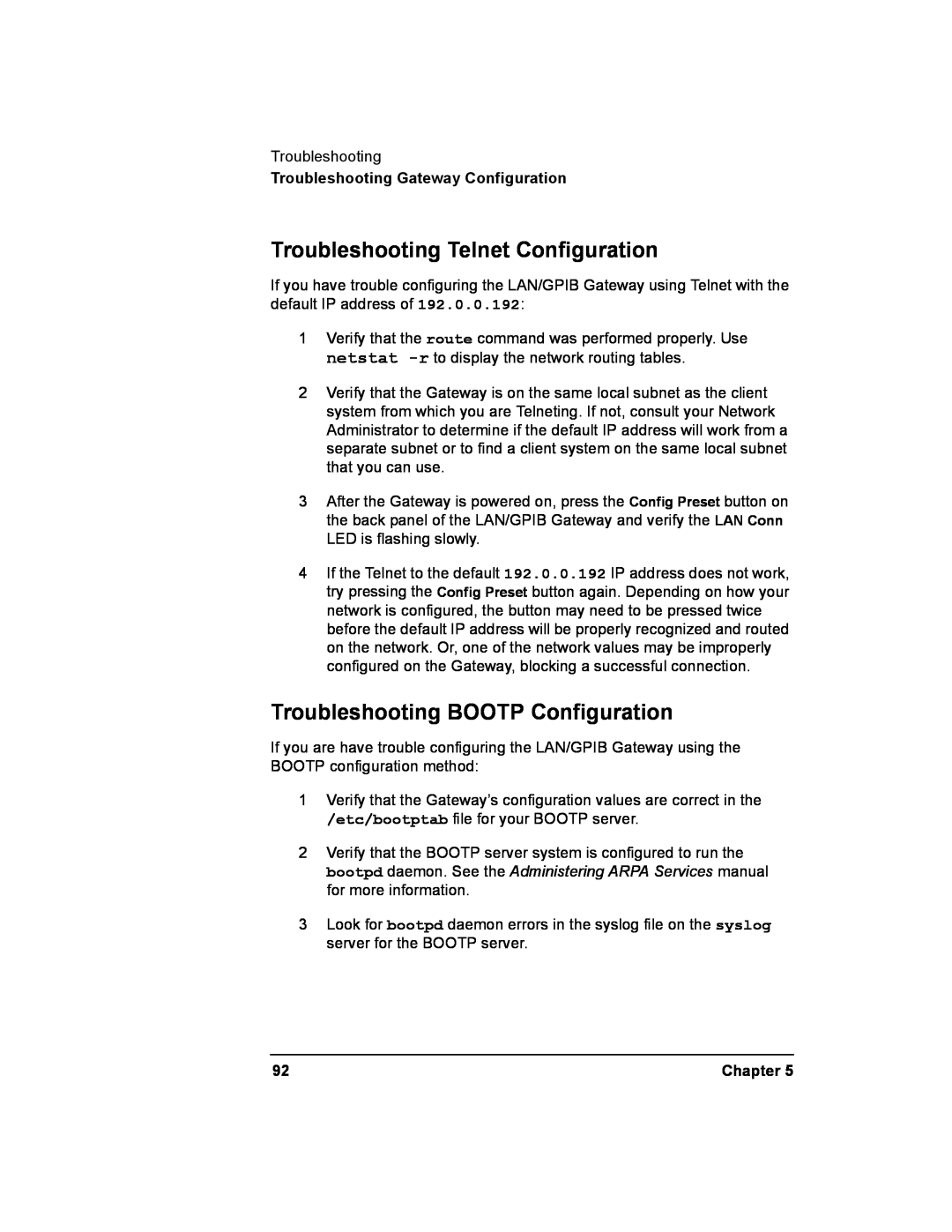 Agilent Technologies E2050-90003 manual Troubleshooting Telnet Configuration, Troubleshooting BOOTP Configuration, Chapter 