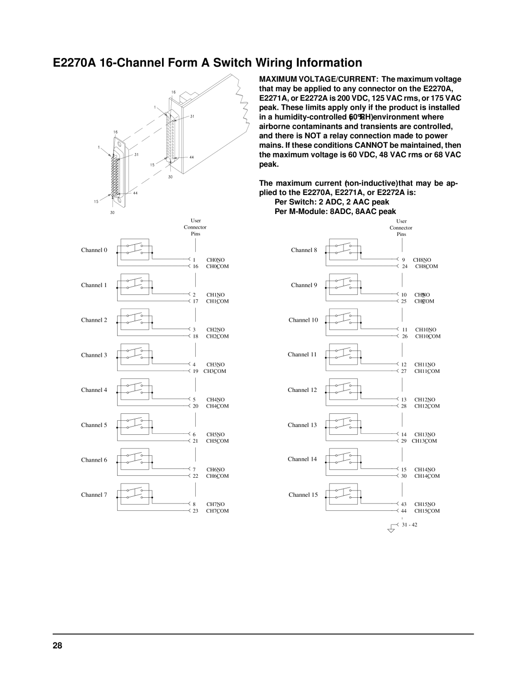 Agilent Technologies E2251A user manual E2270A 16-Channel Form a Switch Wiring Information 