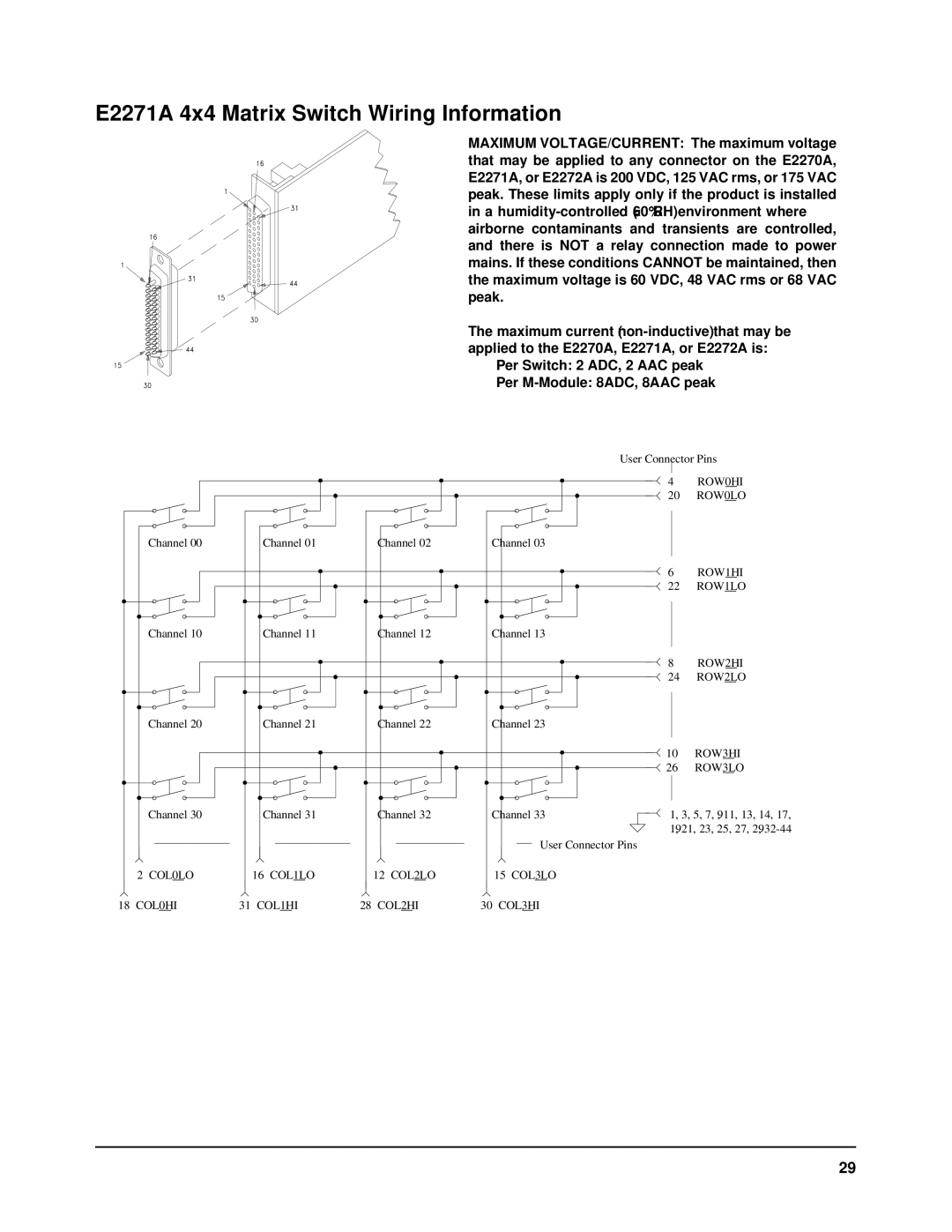 Agilent Technologies E2251A user manual E2271A 4x4 Matrix Switch Wiring Information, ROW2LO 