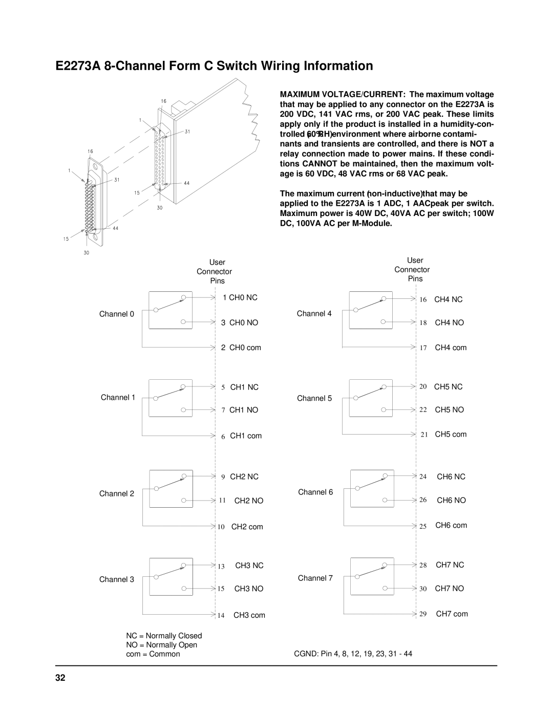 Agilent Technologies E2251A user manual E2273A 8-Channel Form C Switch Wiring Information 