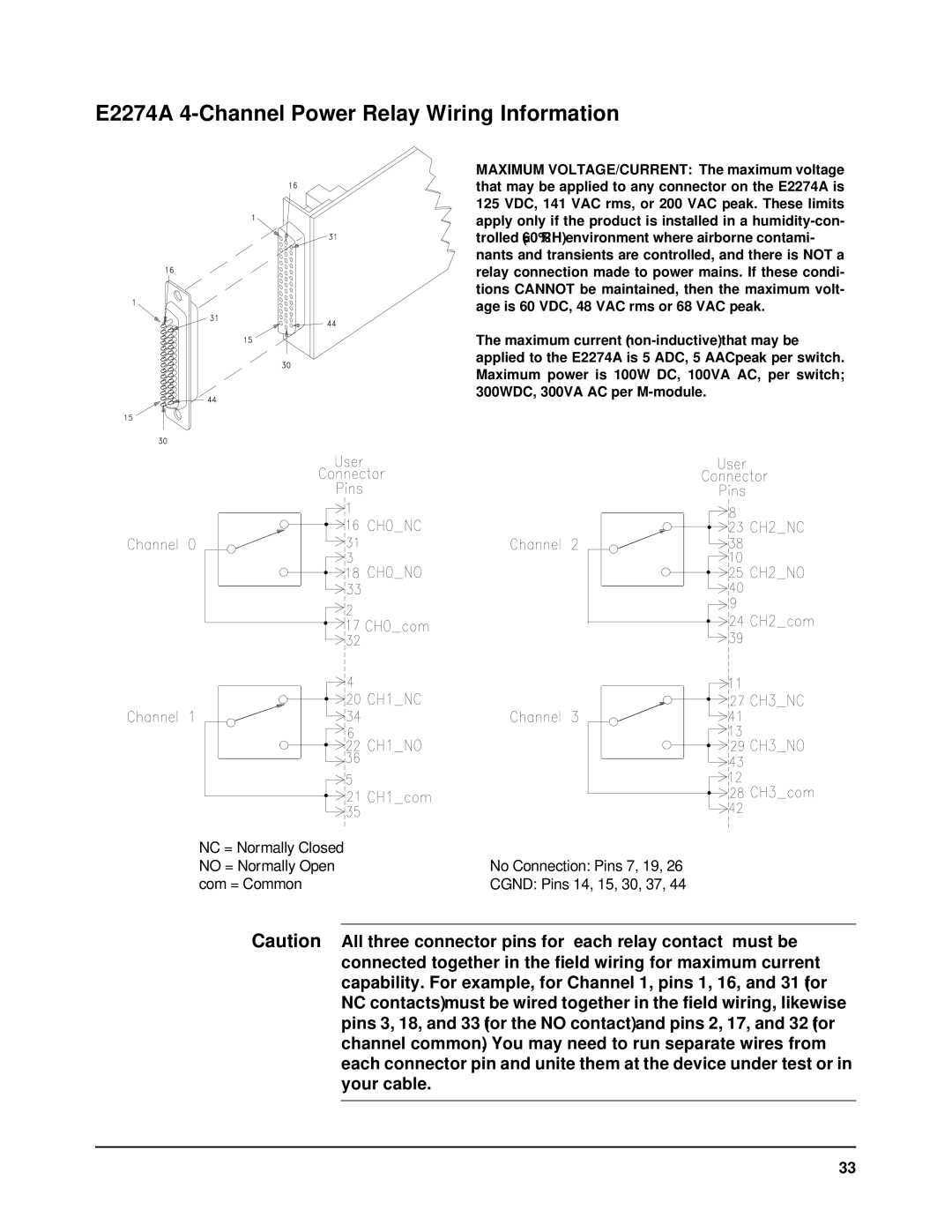 Agilent Technologies E2251A user manual E2274A 4-Channel Power Relay Wiring Information 