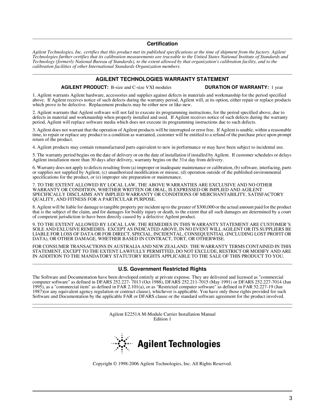 Agilent Technologies E2251A user manual Agilent Technologies Warranty Statement 