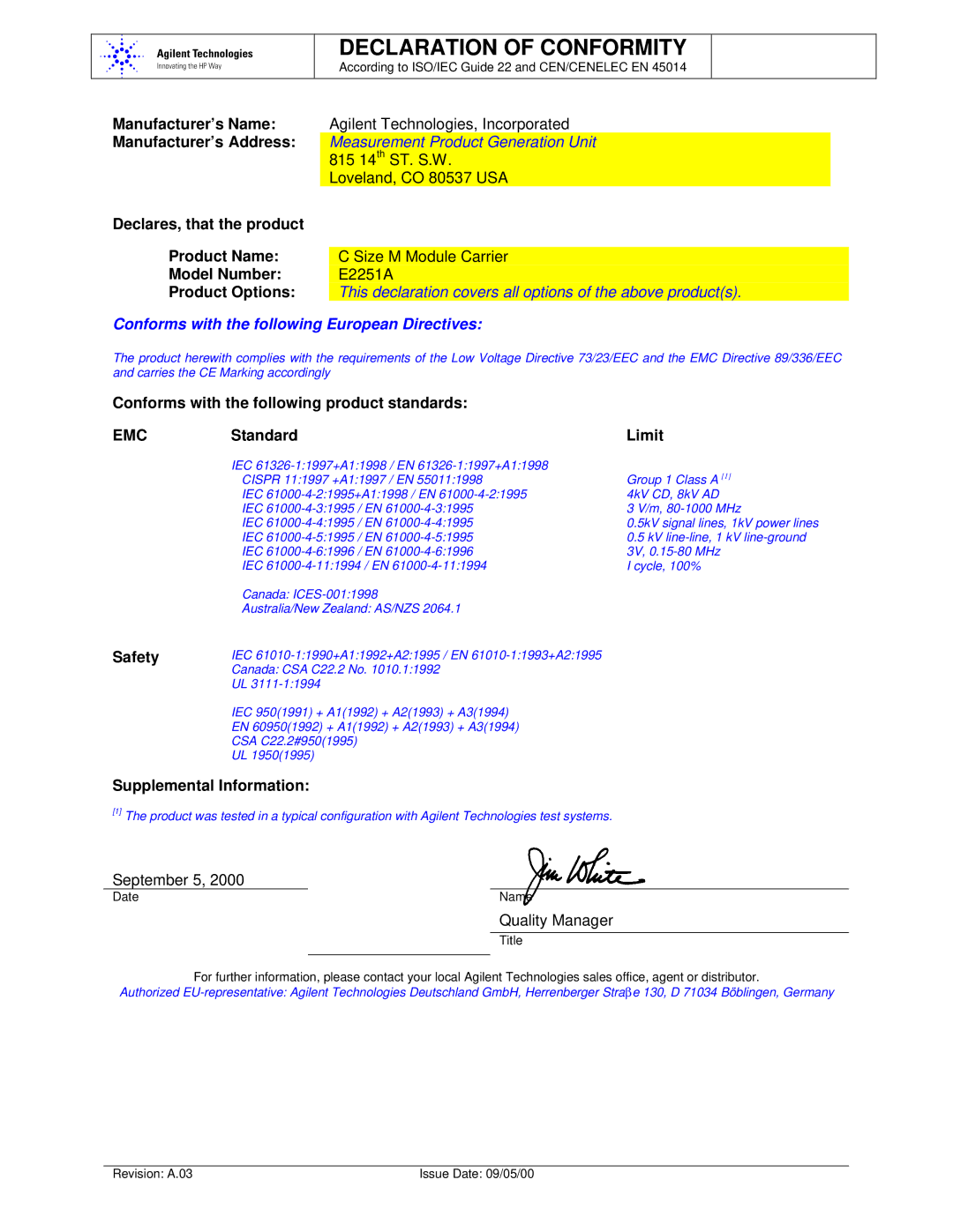 Agilent Technologies E2251A user manual Declaration of Conformity 