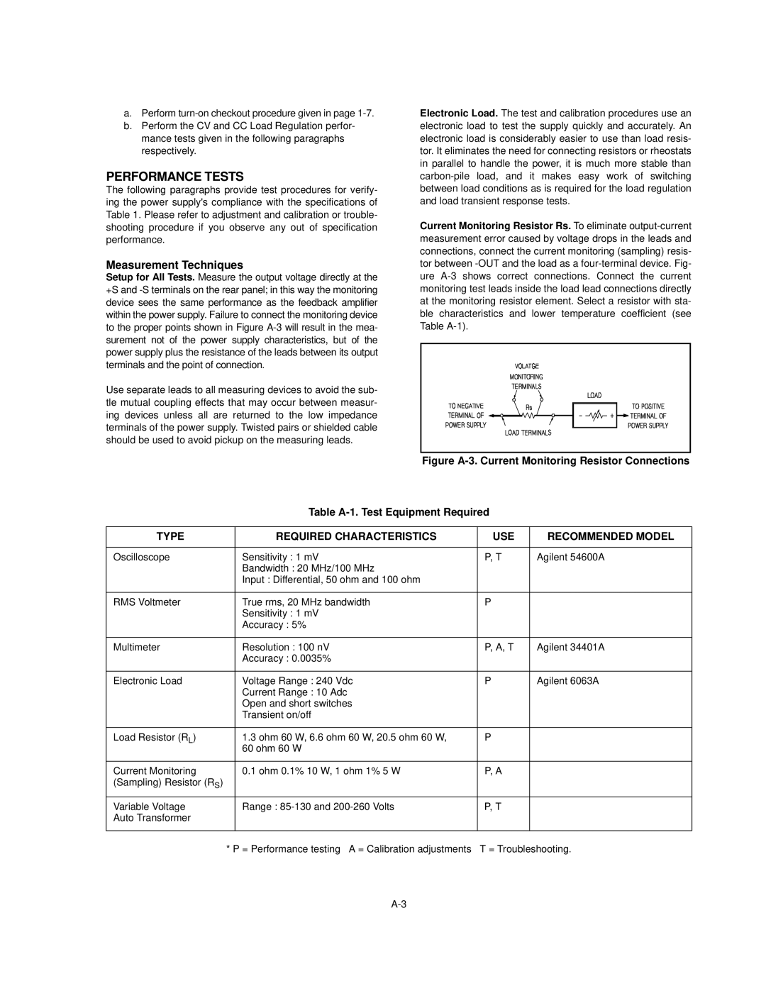 Agilent Technologies E3617A Performance Tests, Measurement Techniques, Type Required Characteristics USE Recommended Model 