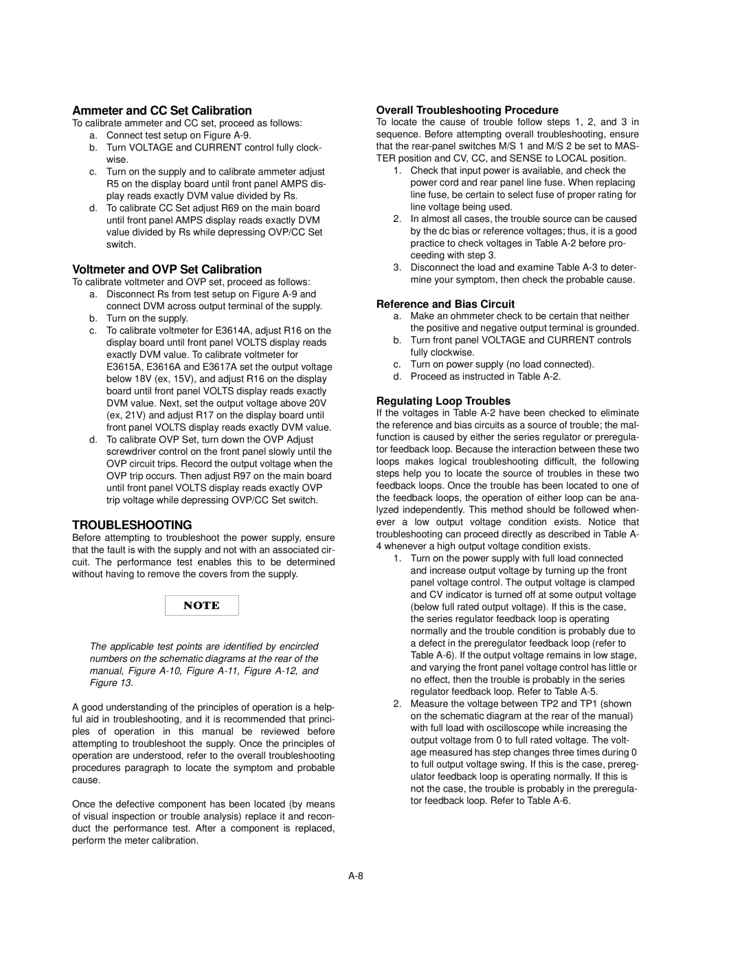 Agilent Technologies E3616A Overall Troubleshooting Procedure, Reference and Bias Circuit, Regulating Loop Troubles 