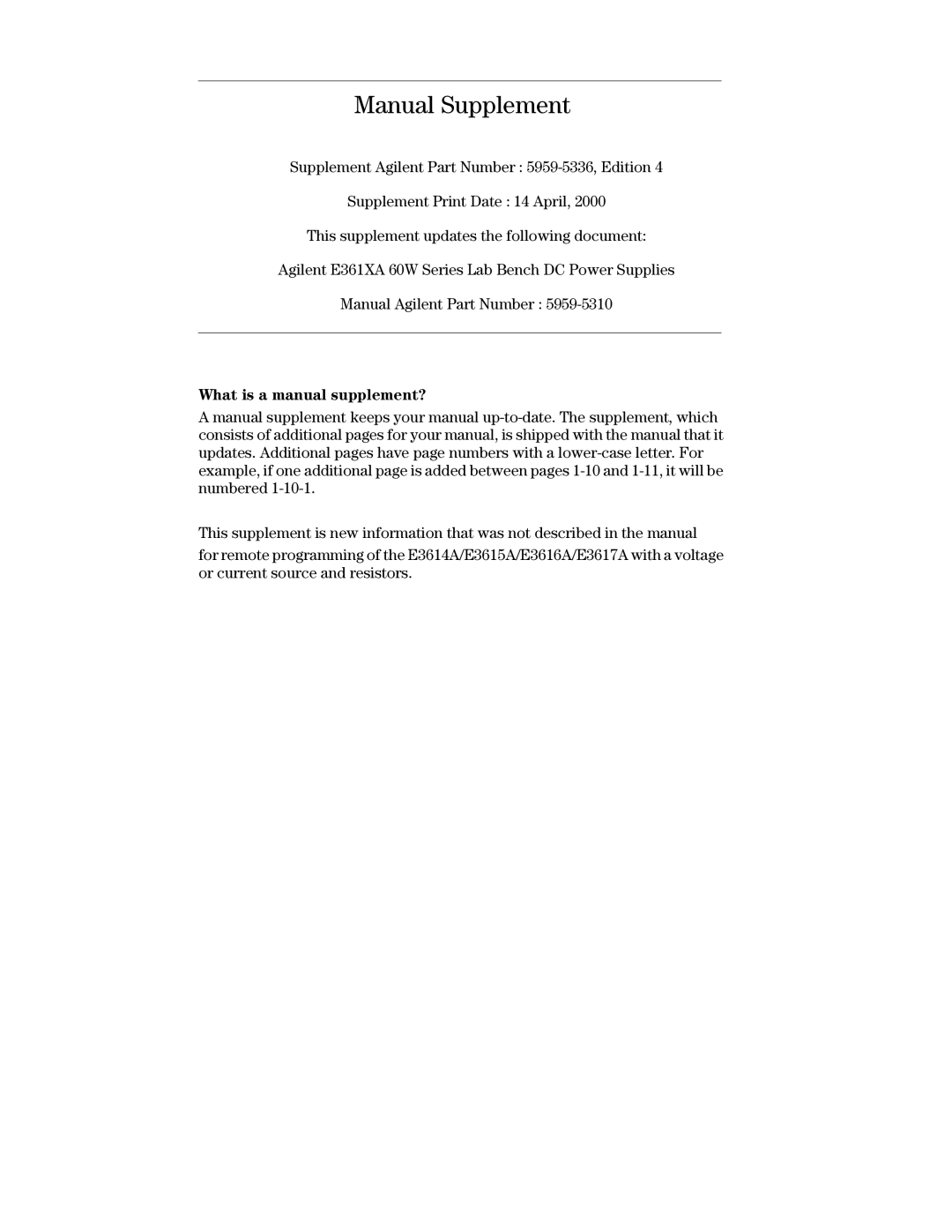 Agilent Technologies E3616A, E3614A, E3617A, E3615A service manual Manual Supplement 