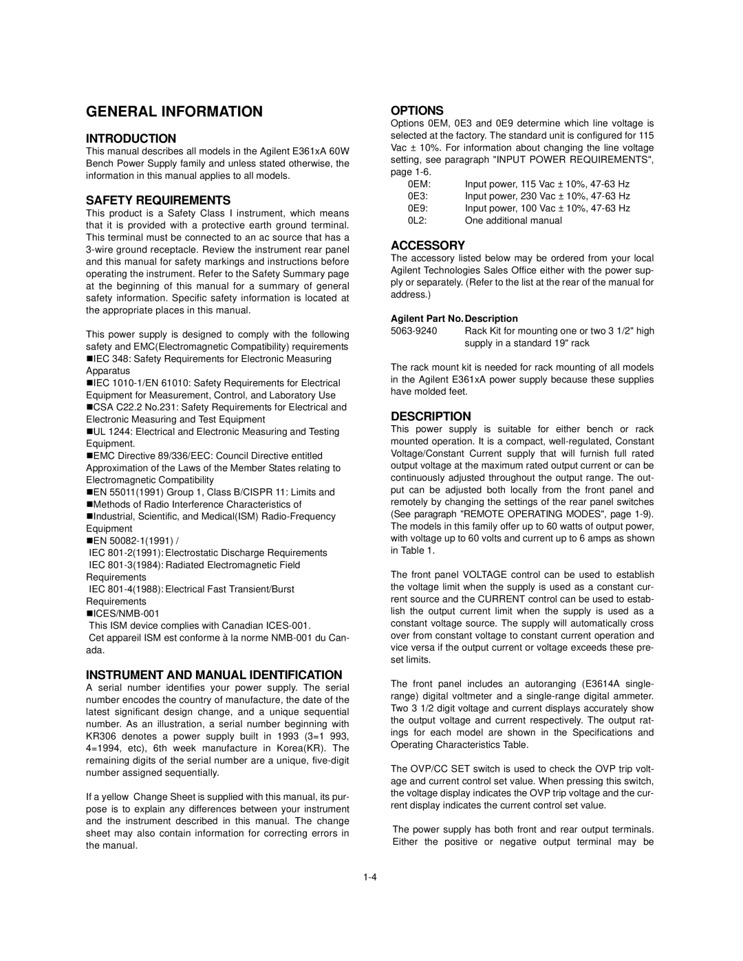 Agilent Technologies E3614A, E3617A, E3616A, E3615A service manual General Information 