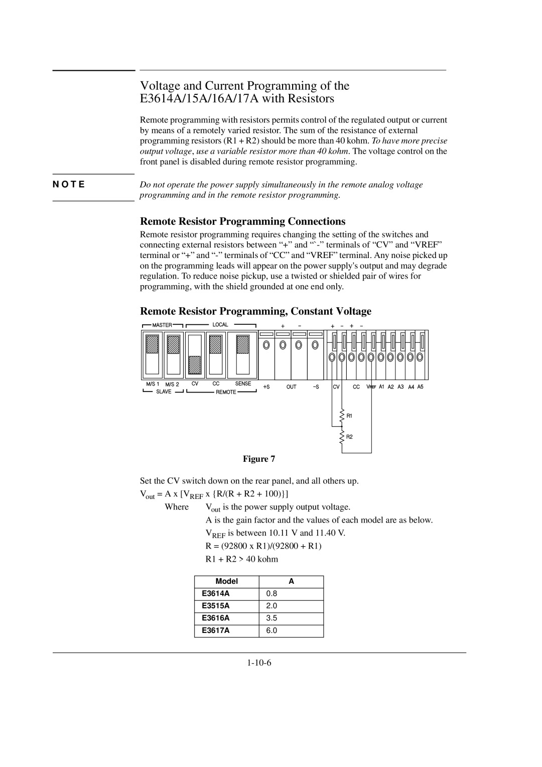 Agilent Technologies E3614A, E3617A Remote Resistor Programming Connections, Remote Resistor Programming, Constant Voltage 