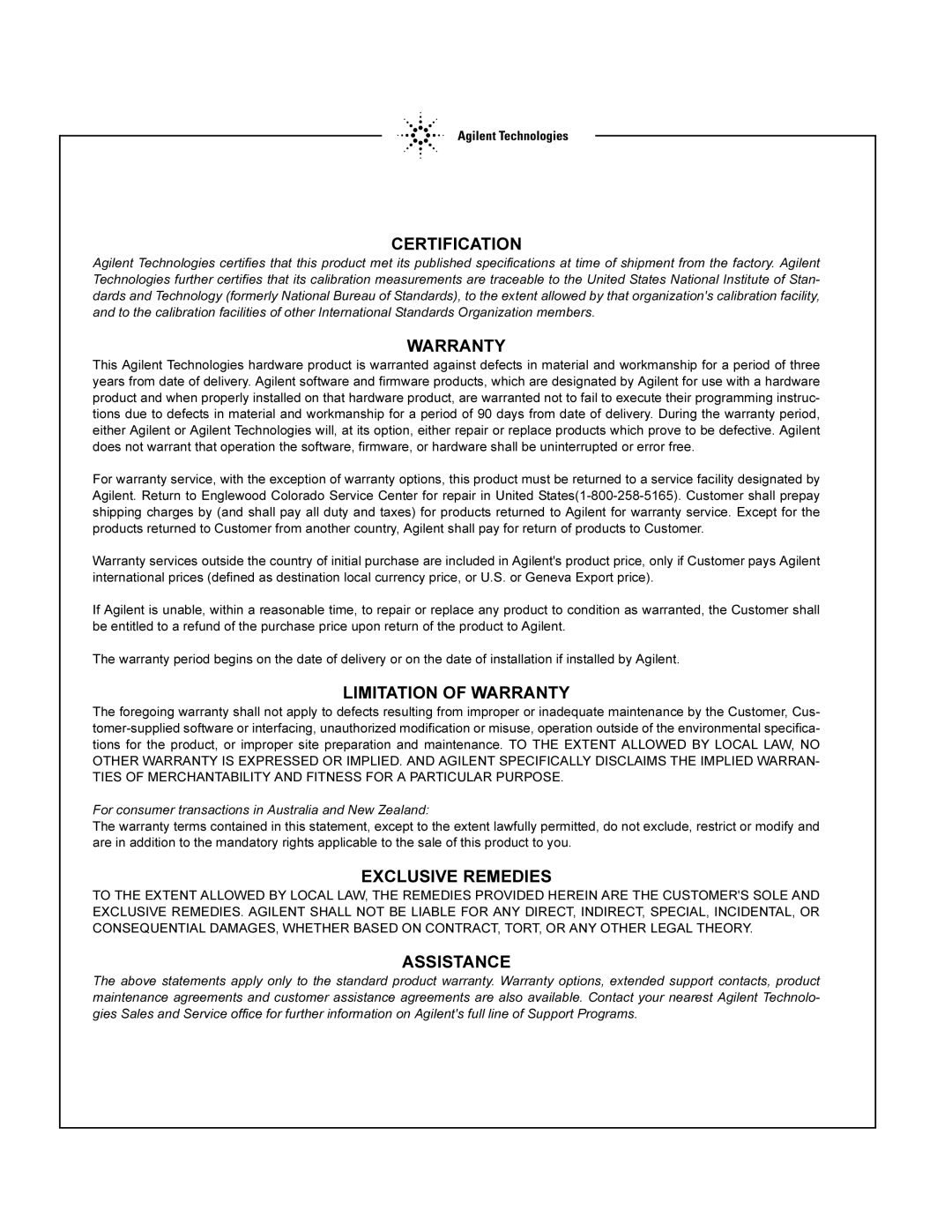 Agilent Technologies E3616A, E3614A, E3617A, E3615A service manual Certification 