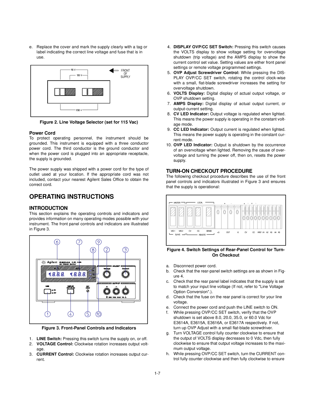 Agilent Technologies E3615A, E3614A, E3617A, E3616A Operating Instructions, TURN-ON Checkout Procedure, Power Cord 