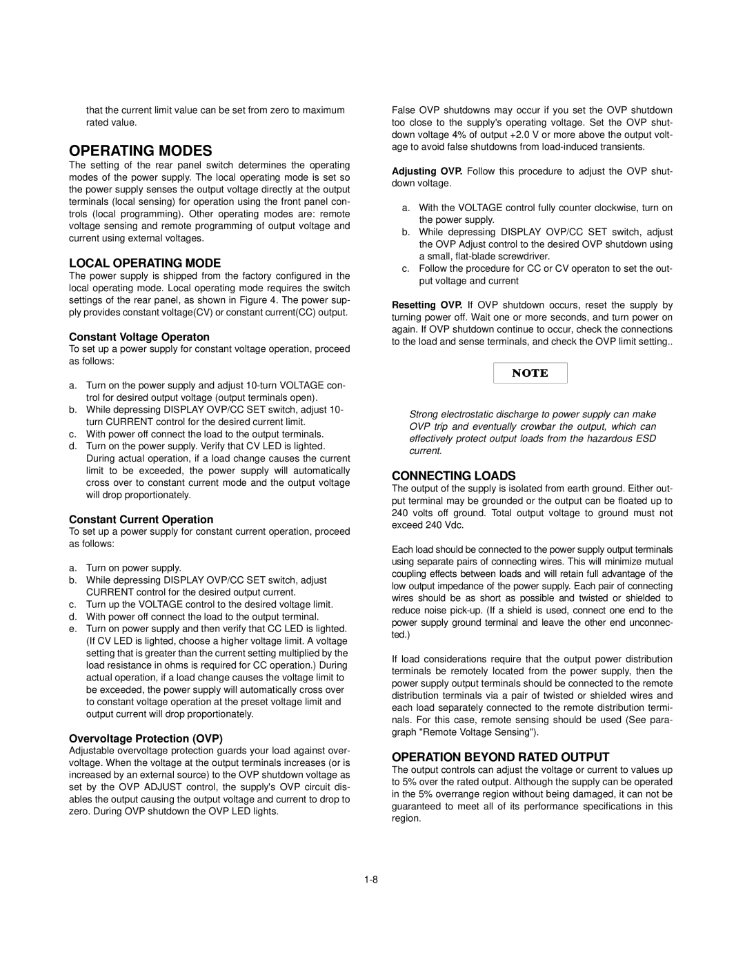 Agilent Technologies E3614A, E3617A Operating Modes, Local Operating Mode, Connecting Loads, Operation Beyond Rated Output 