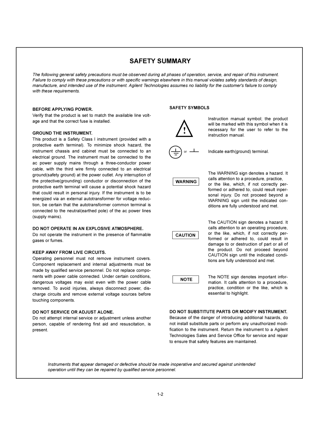 Agilent Technologies E3630A service manual Safety Summary, Before Applying Power Safety Symbols, Ground the Instrument 