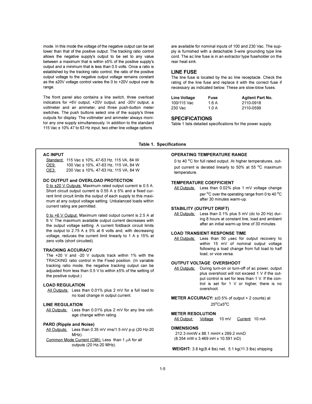 Agilent Technologies E3630A service manual Line Fuse, Specifications 