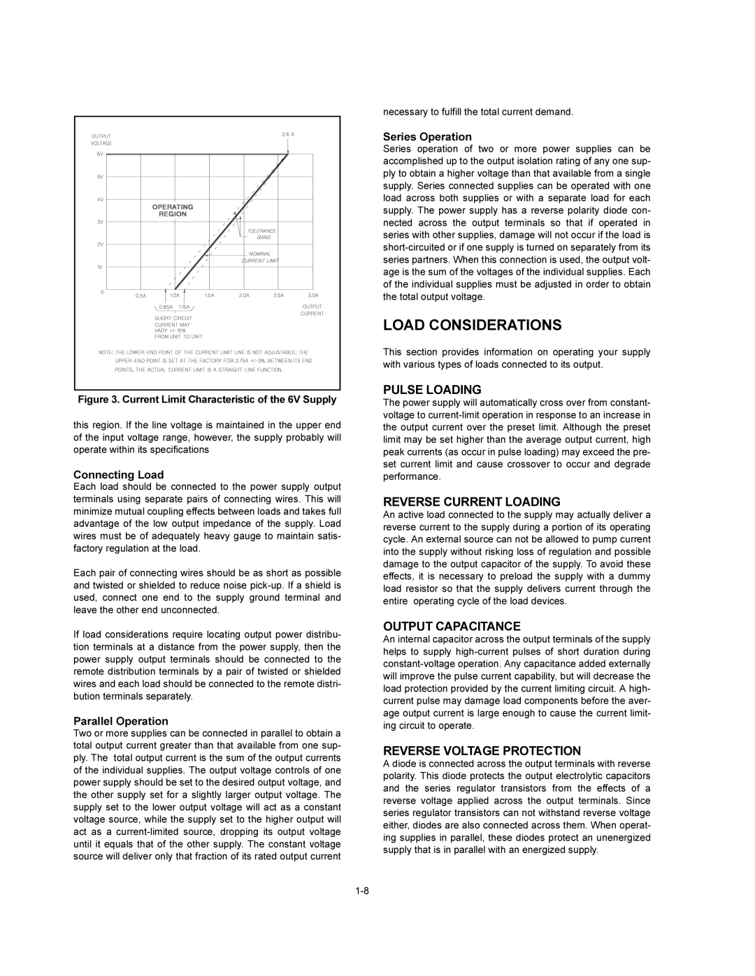 Agilent Technologies E3630A service manual Load Considerations, Pulse Loading, Reverse Current Loading, Output Capacitance 