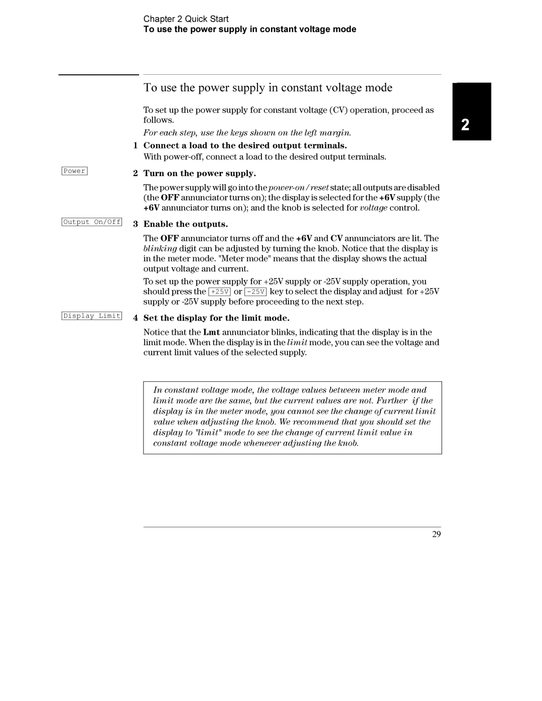 Agilent Technologies E3631A manual To use the power supply in constant voltage mode, Set the display for the limit mode 