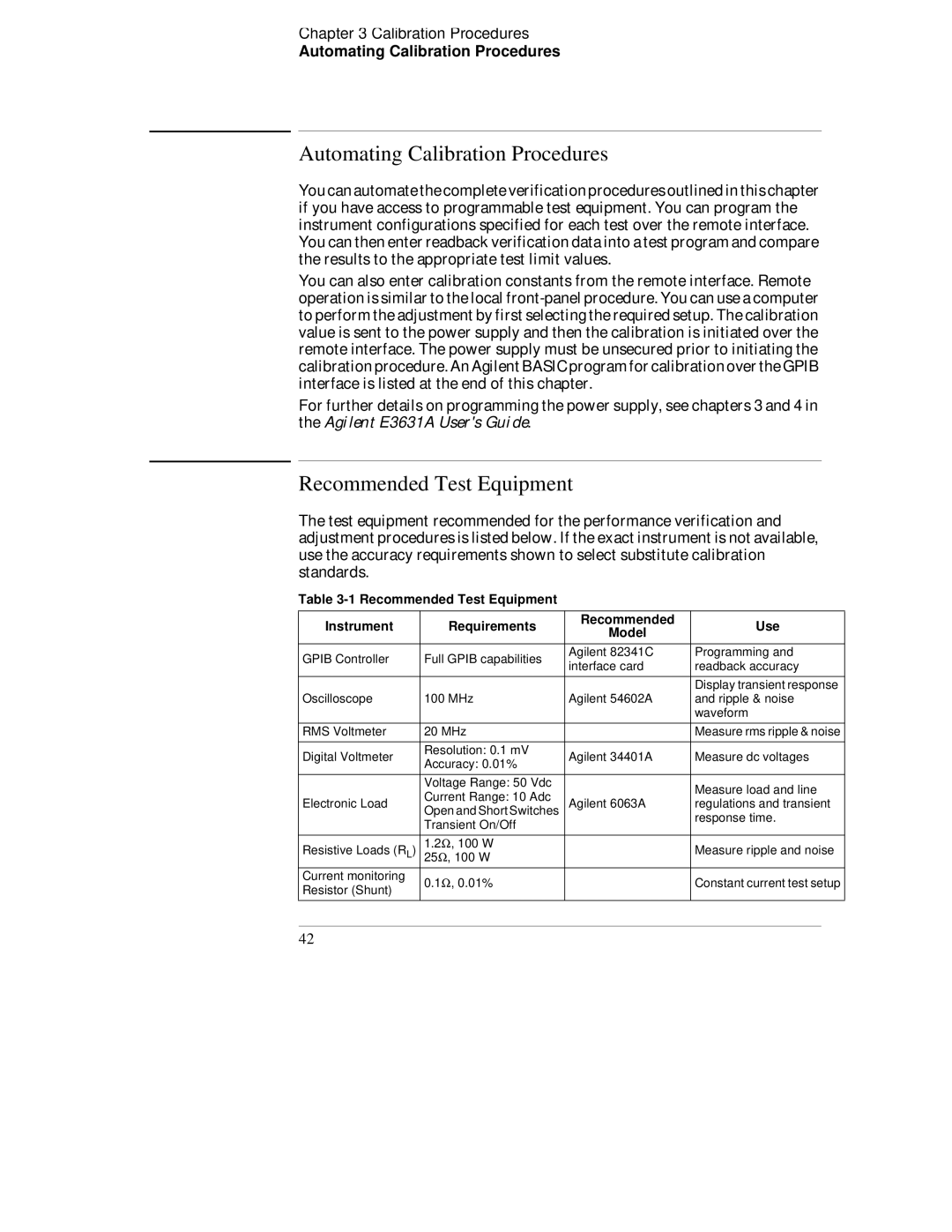 Agilent Technologies E3631A manual Automating Calibration Procedures, Recommended Test Equipment 