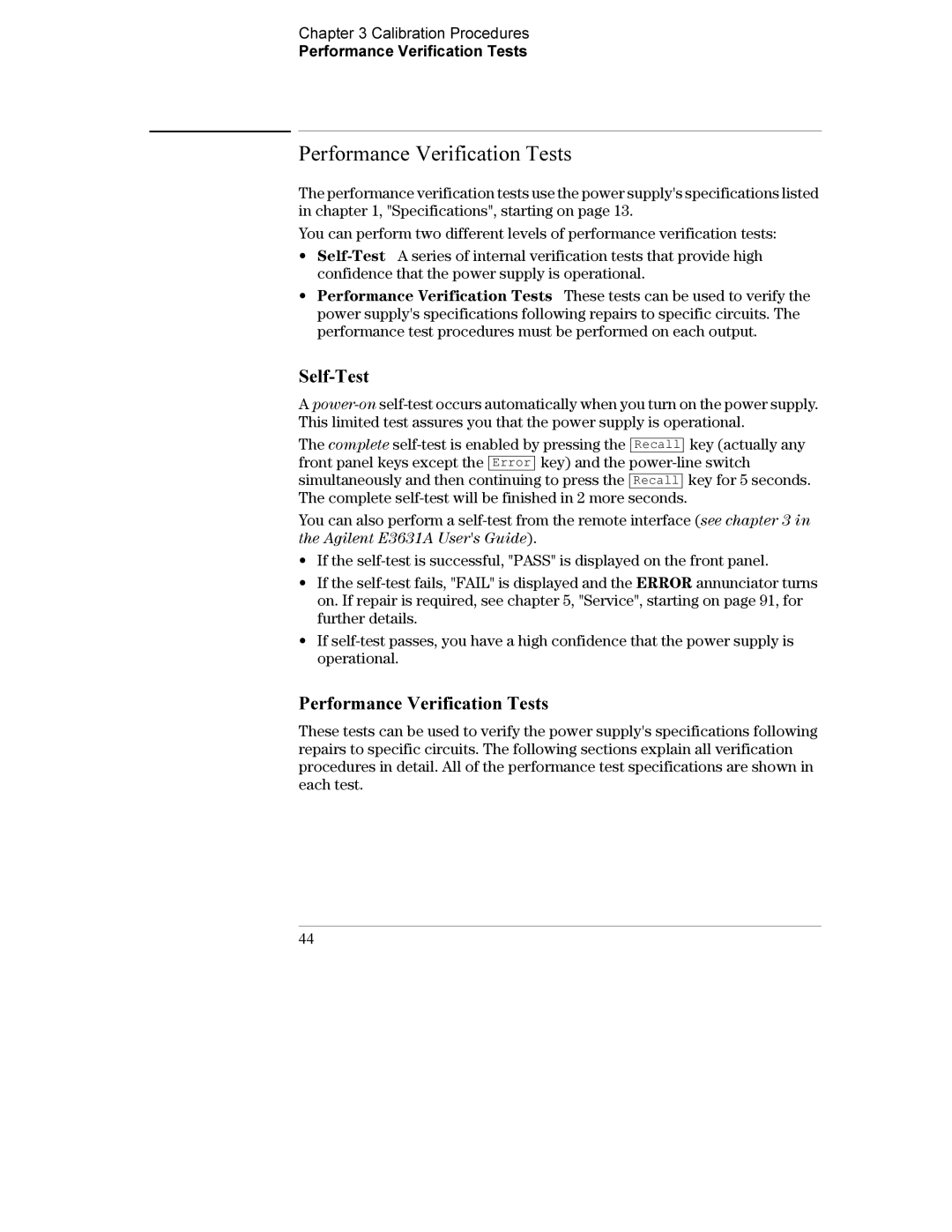 Agilent Technologies E3631A manual Performance Verification Tests, Self-Test 