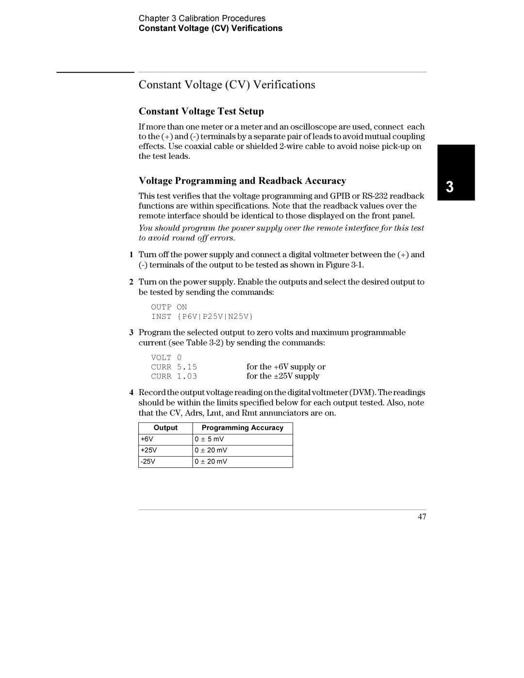 Agilent Technologies E3631A manual Constant Voltage CV Verifications, Constant Voltage Test Setup 