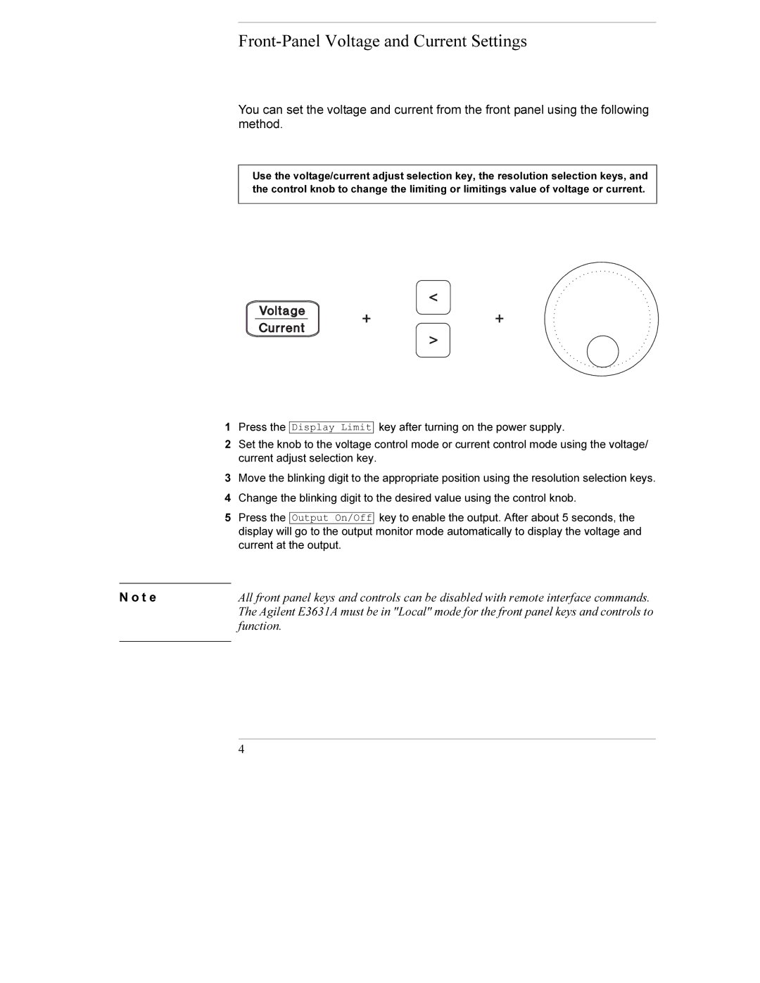 Agilent Technologies E3631A manual Front-Panel Voltage and Current Settings, T e 