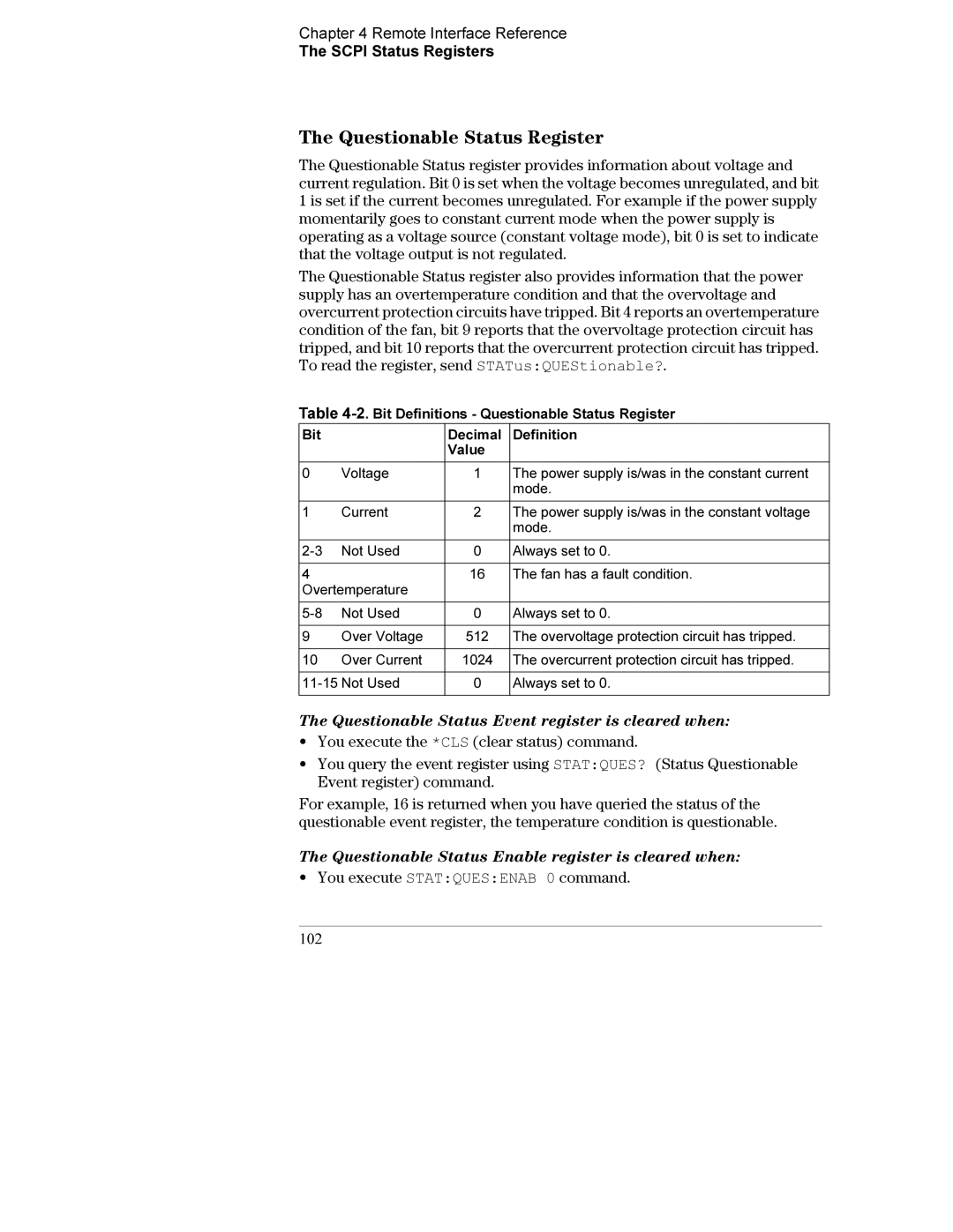 Agilent Technologies E3632A manual Questionable Status Register, Questionable Status Event register is cleared when, 102 