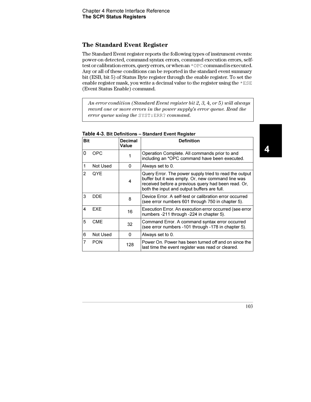 Agilent Technologies E3632A manual Standard Event Register, 103 