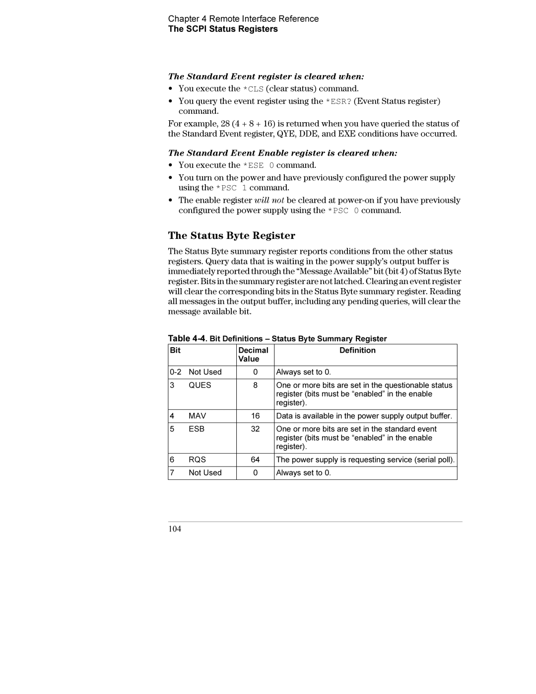 Agilent Technologies E3632A manual Status Byte Register, Standard Event Enable register is cleared when, 104 