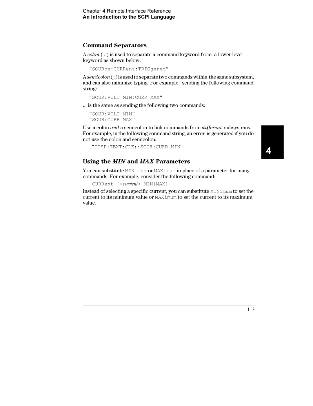 Agilent Technologies E3632A manual Command Separators, Using the MIN and MAX Parameters, Sourvolt Mincurr MAX 