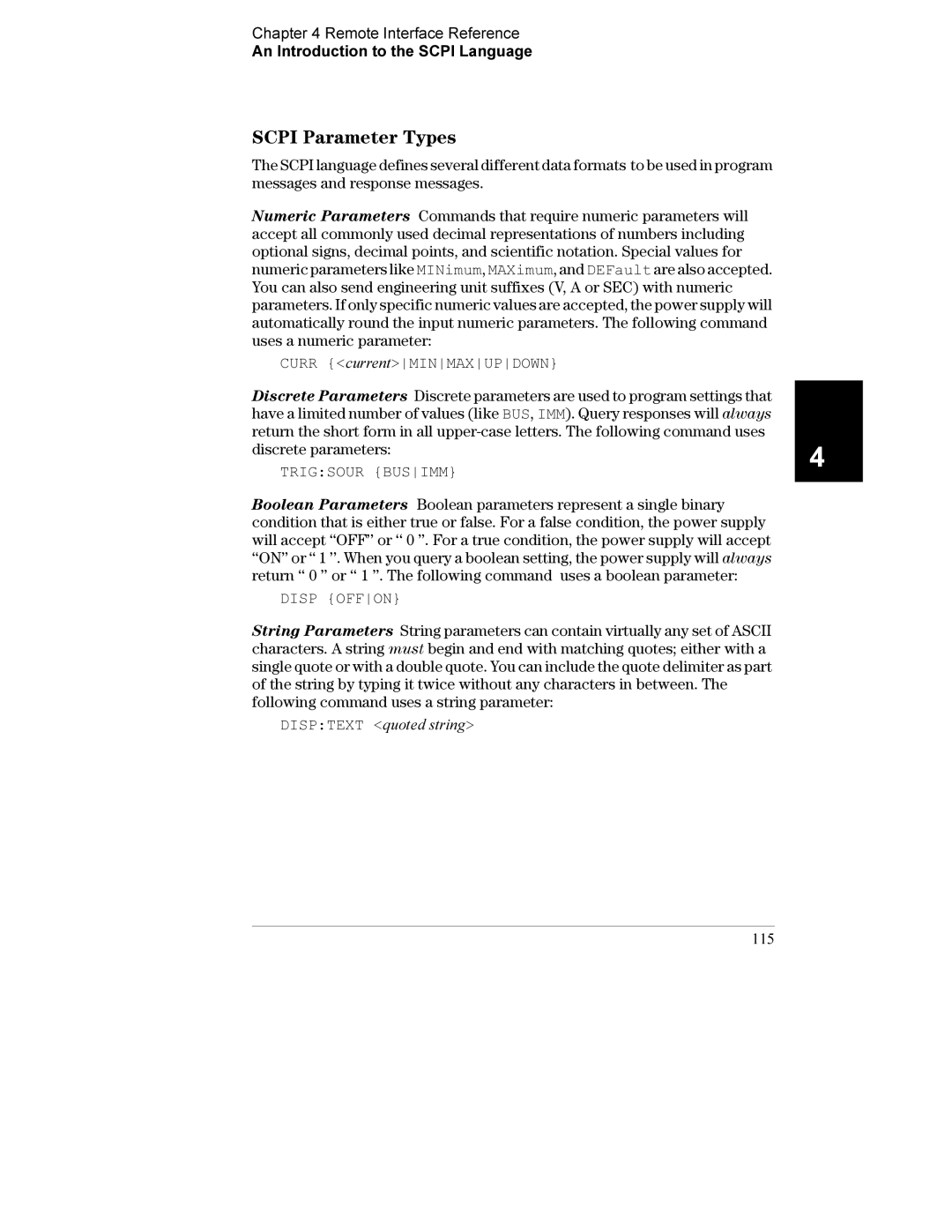 Agilent Technologies E3632A manual Scpi Parameter Types, Curr currentMINMAXUPDOWN, Trigsour Busimm, 115 