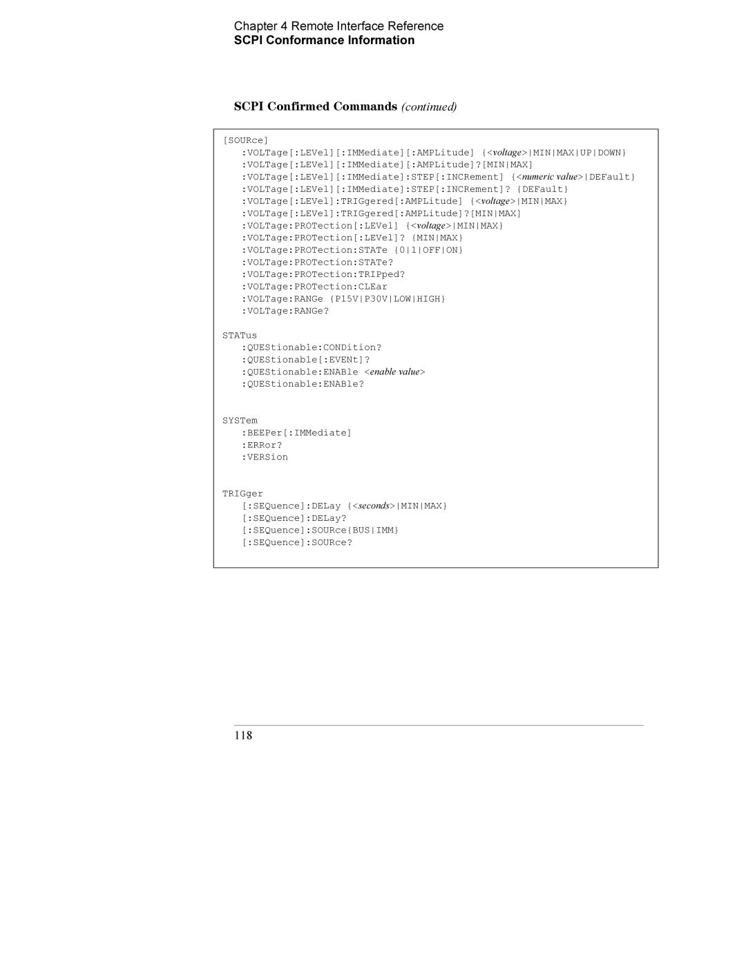 Agilent Technologies E3632A manual 118, SOURce VOLTageLEVelIMMediateAMPLitude voltageMINMAXUPDOWN 