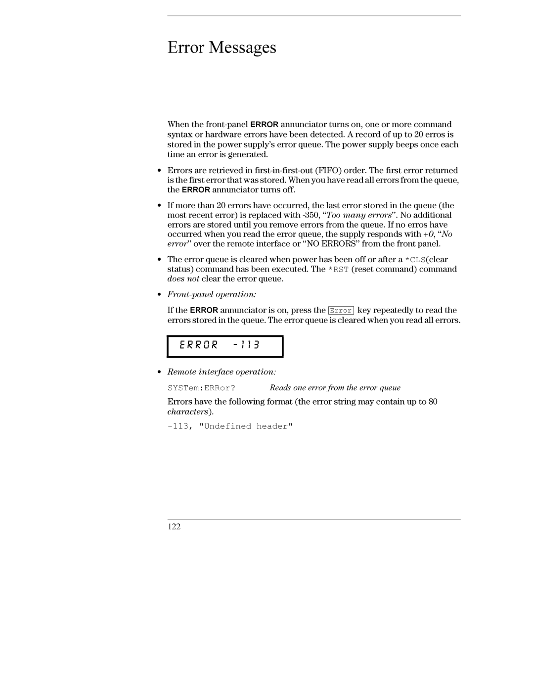 Agilent Technologies E3632A manual Error, 113, Undefined header 122 