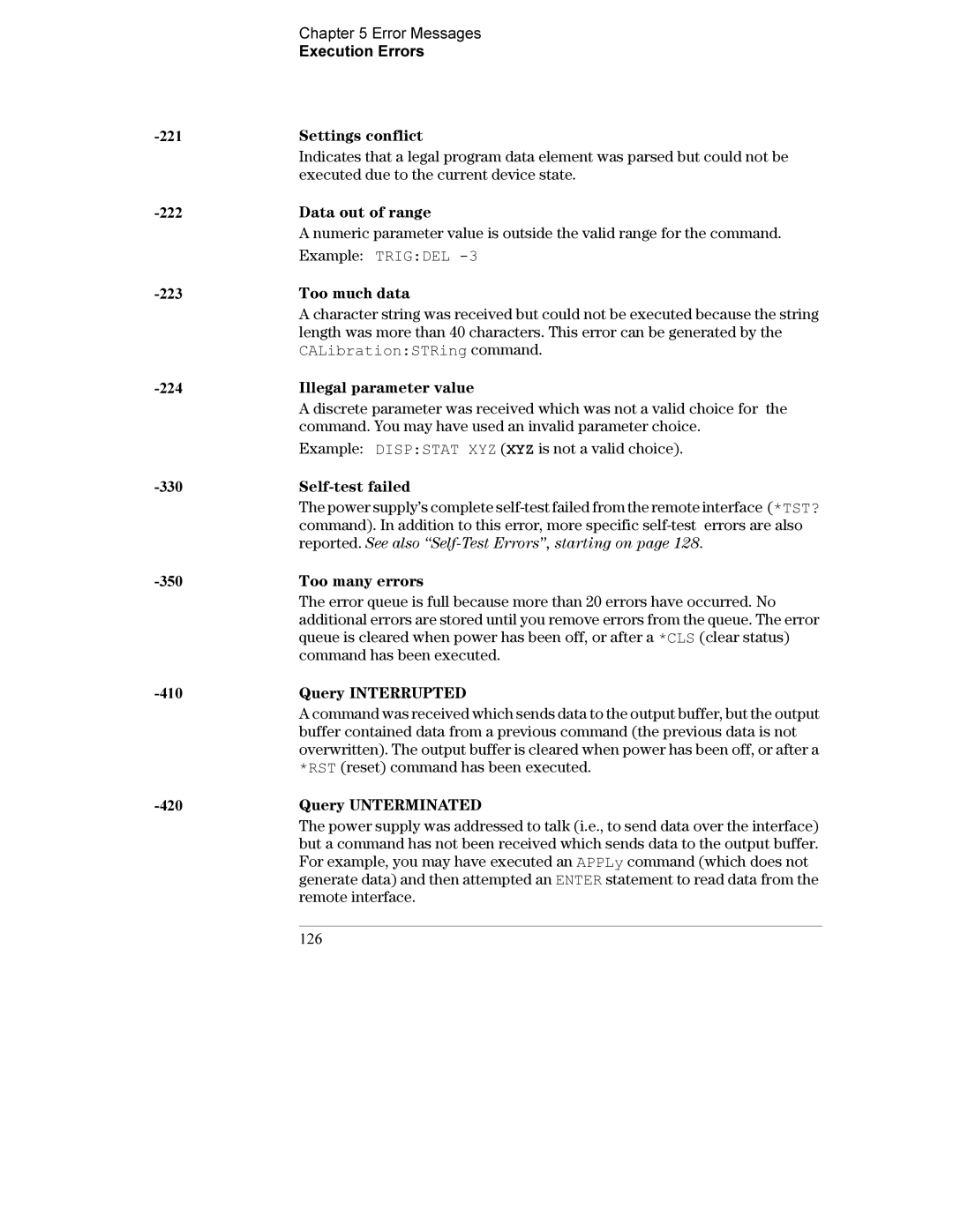 Agilent Technologies E3632A Settings conflict, Data out of range, Example Trigdel, Too much data, Illegal parameter value 