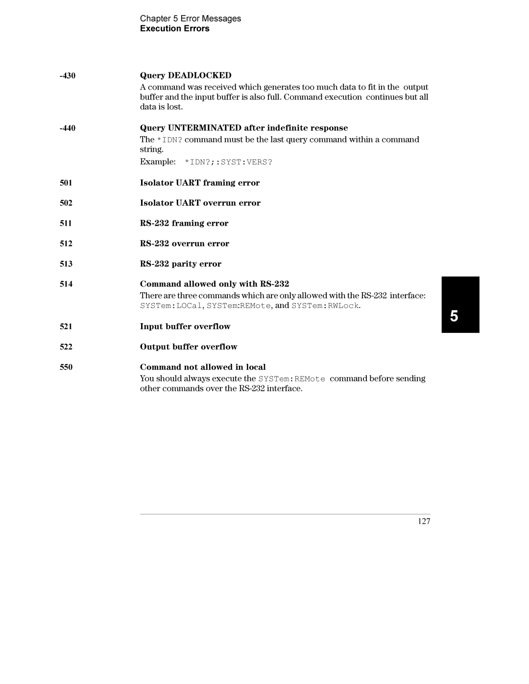 Agilent Technologies E3632A Query Deadlocked, Query Unterminated after indefinite response, Example *IDN?SYSTVERS?, 127 