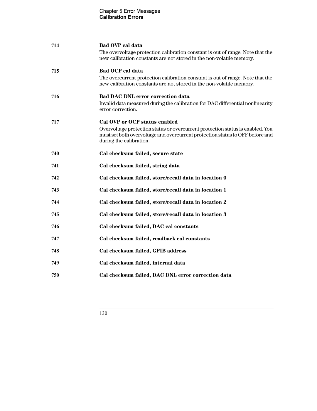 Agilent Technologies E3632A manual Bad OVP cal data, Bad OCP cal data, Bad DAC DNL error correction data, 130 