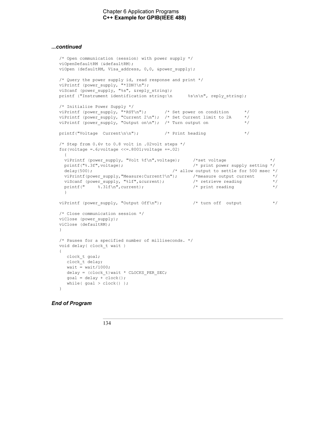 Agilent Technologies E3632A manual Application Programs ++ Example for Gpibieee, End of Program 134 