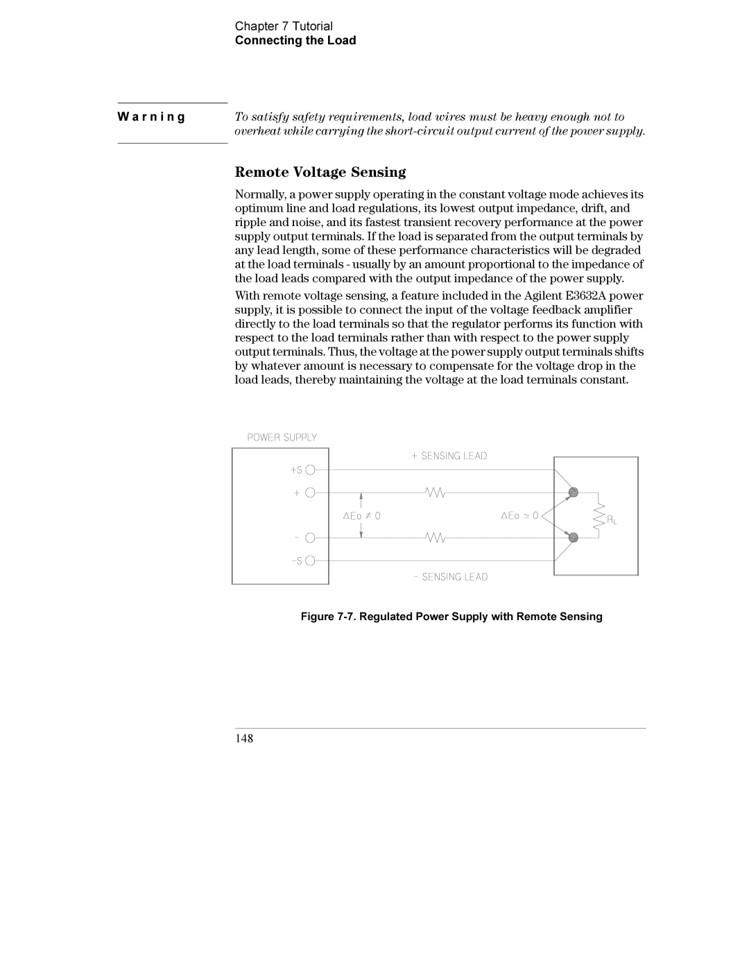 Agilent Technologies E3632A manual Remote Voltage Sensing, Tutorial Connecting the Load R n i n g, 148 